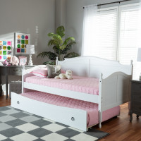 Baxton Studio MG0030-White-Daybed Mara Cottage Farmhouse White Finished Wood Twin Size Daybed with Roll-Out Trundle Bed